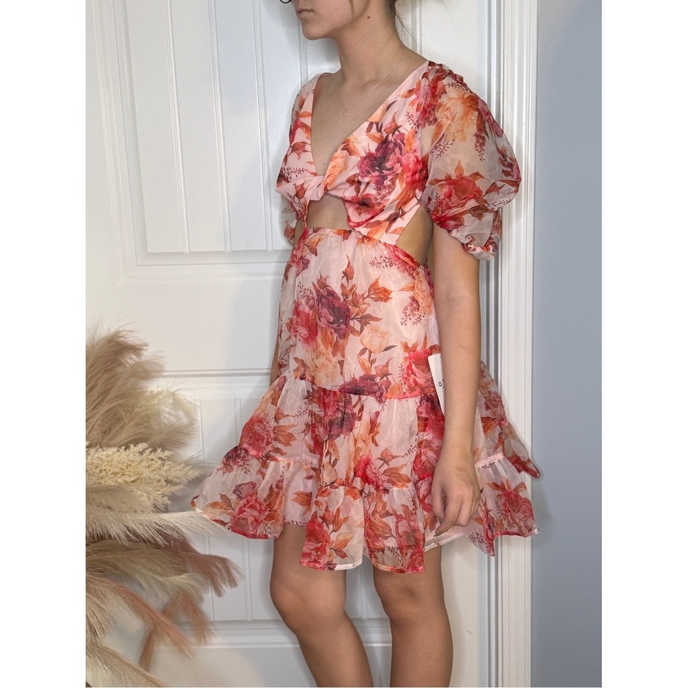 Lulu's Small Pink Orange Floral Organza‎ Mini Dress Puff Sleeve Cutout Romantic